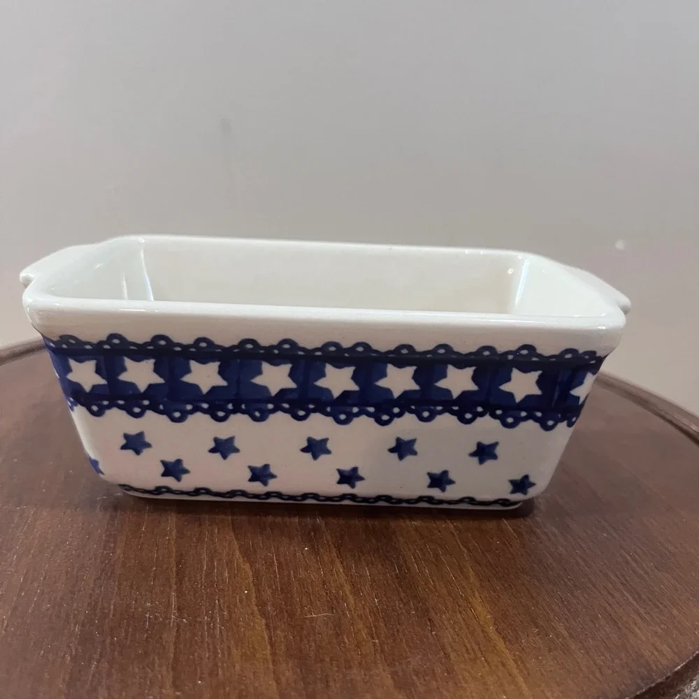 Ceramika Boleslawiec‎ Polish Pottery Mini Loaf Pan Blue White Stars Vtg Folk Art